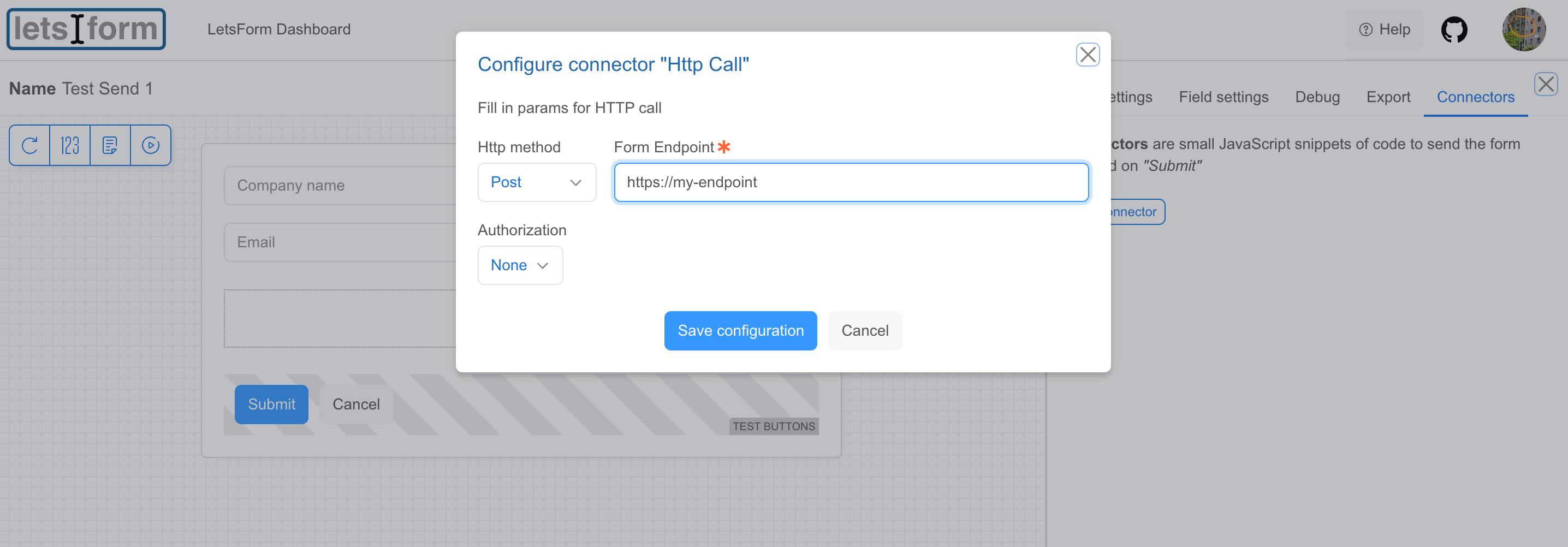 LetsFormDesigner: Configure connector