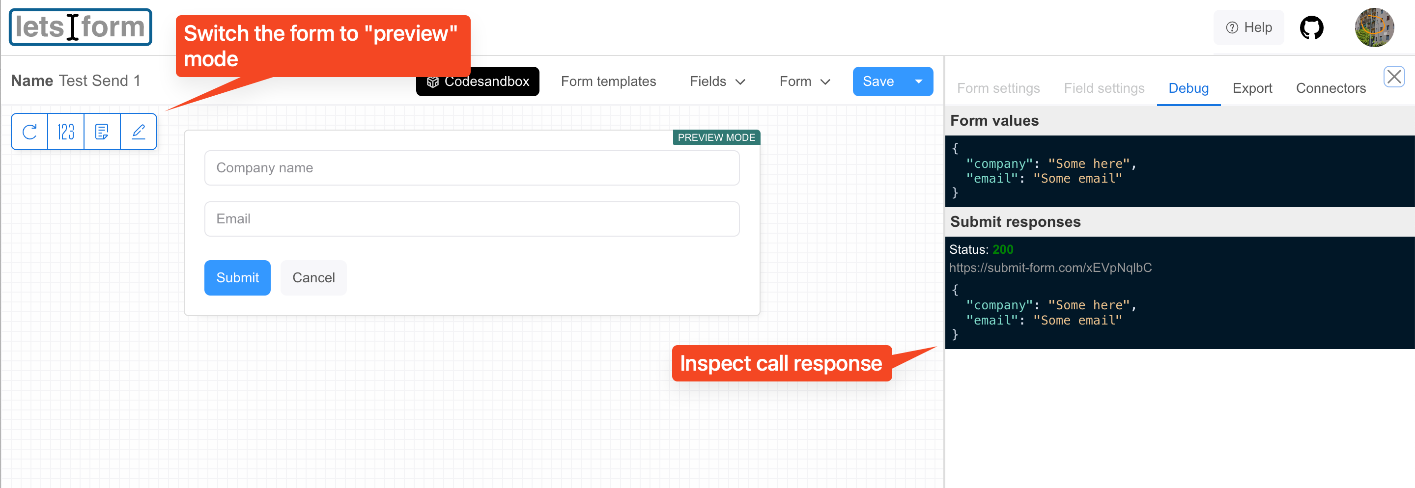 LetsFormDesigner: Inspect response