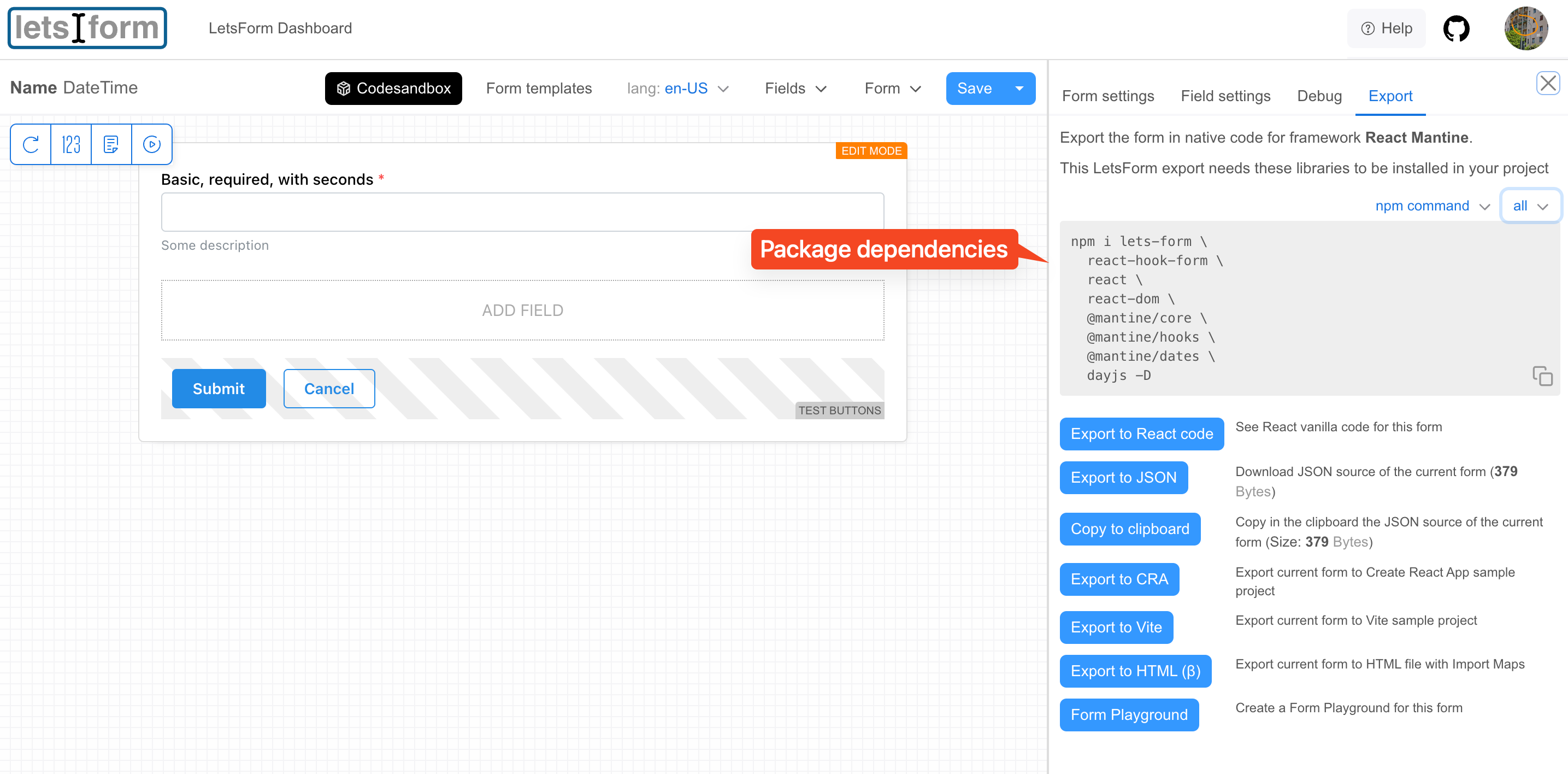 LetsFormDesigner: Export form