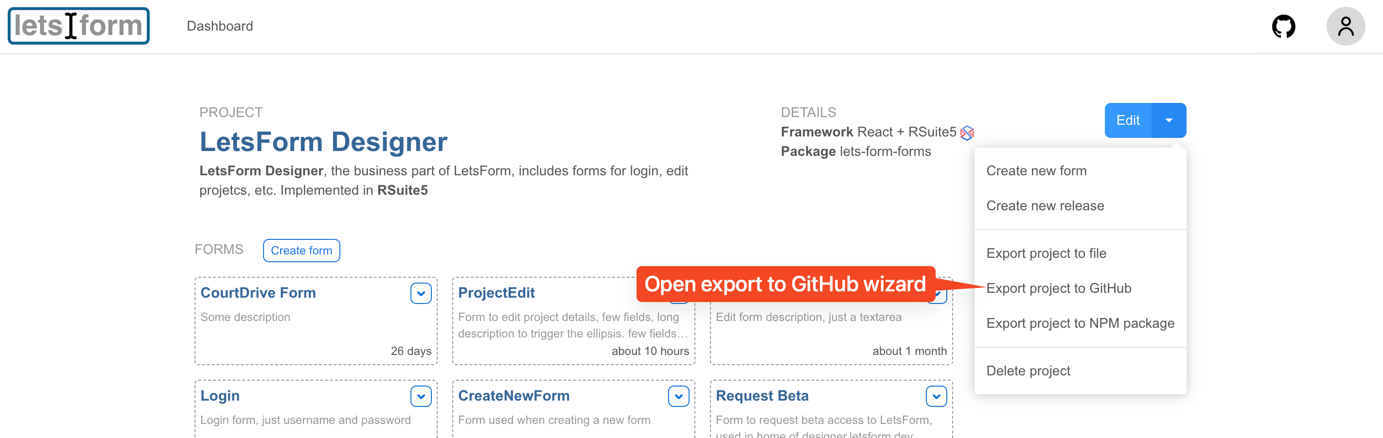 LetsFormDesigner: start export to GitHub wizard